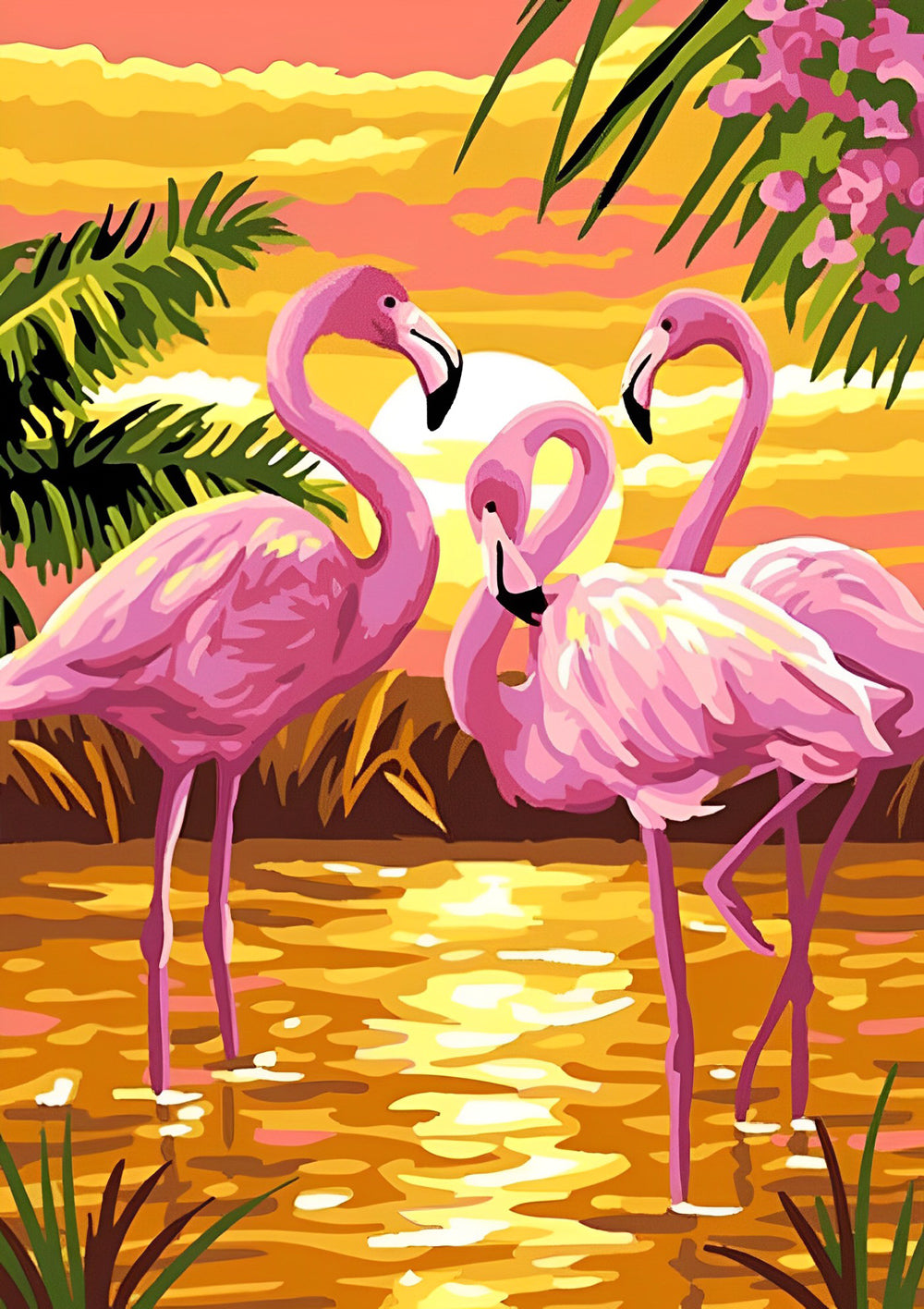 Cartoon Drie Flamingo's bij Zonsondergang Diamond Painting