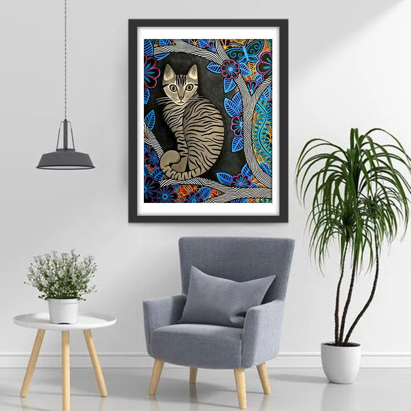 Cartoon Een Kat in een Bloemenboom Diamond Painting