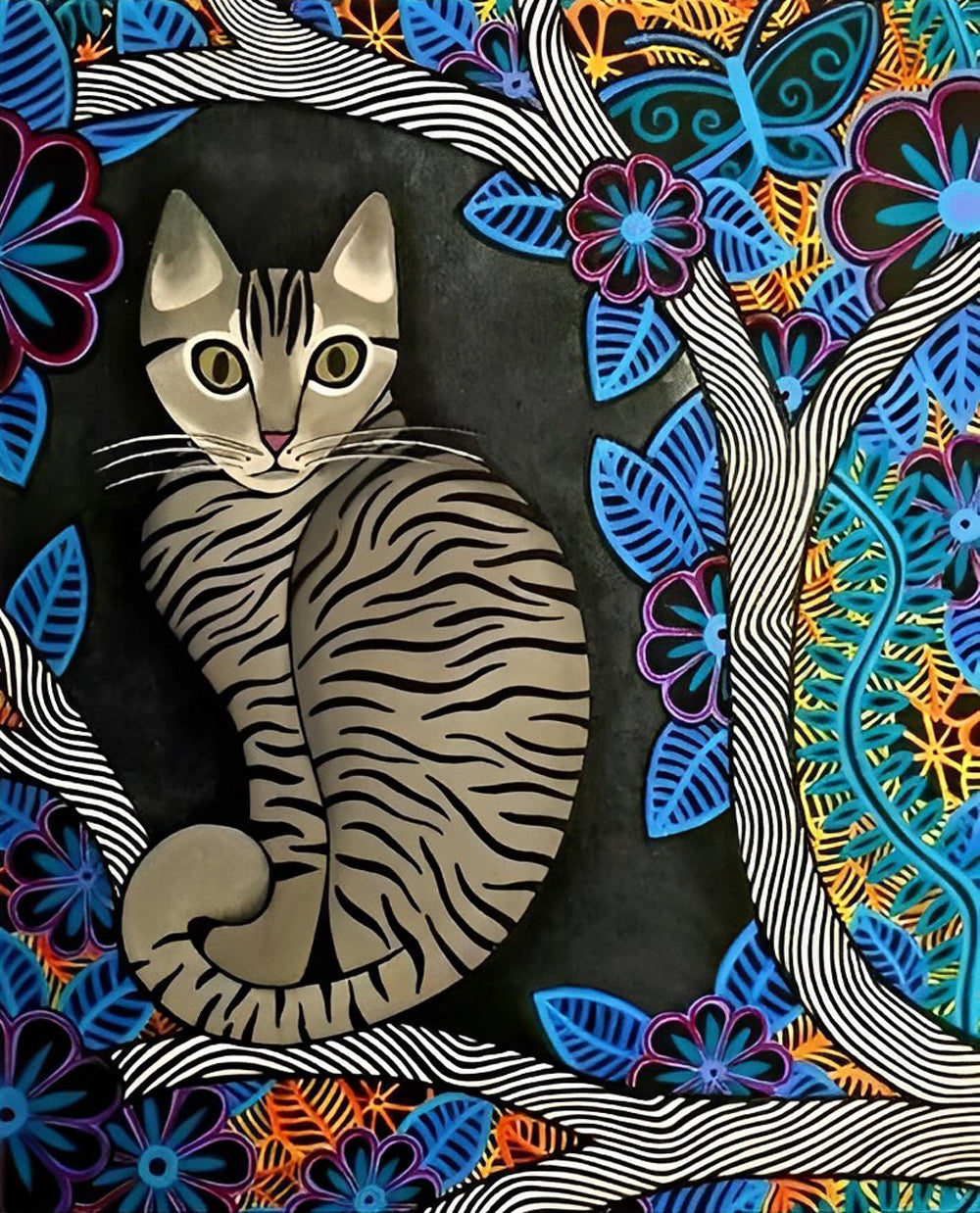 Cartoon Een Kat in een Bloemenboom Diamond Painting