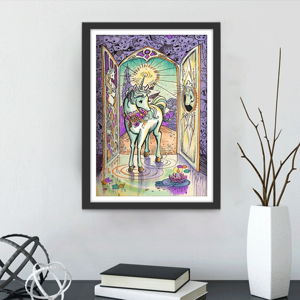 Cartoon Eenhoorn in een Droomkasteel Diamond Painting
