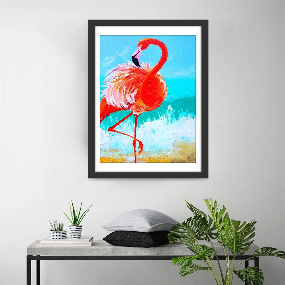Cartoon Flamingo Likt haar op het Strand Diamond Painting