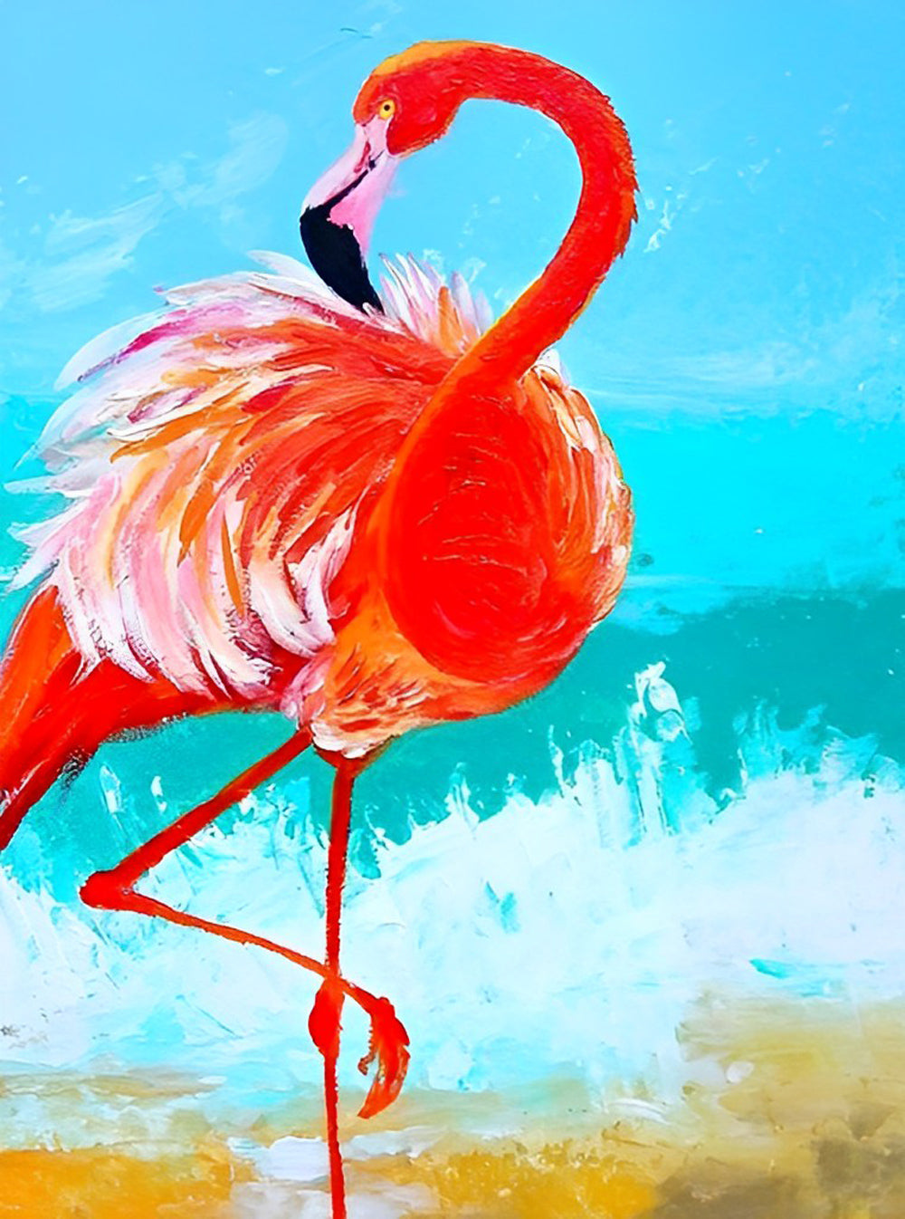 Cartoon Flamingo Likt haar op het Strand Diamond Painting