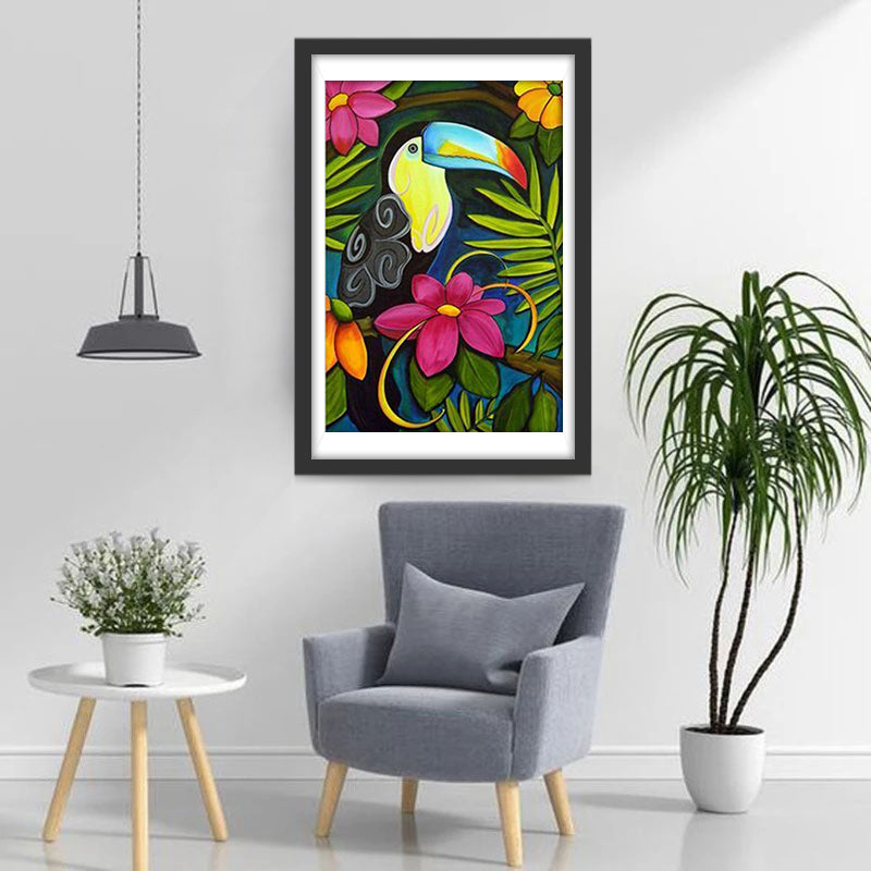 Cartoon Grote Paarse Bloem en Blauwbekpapegaai Diamond Painting