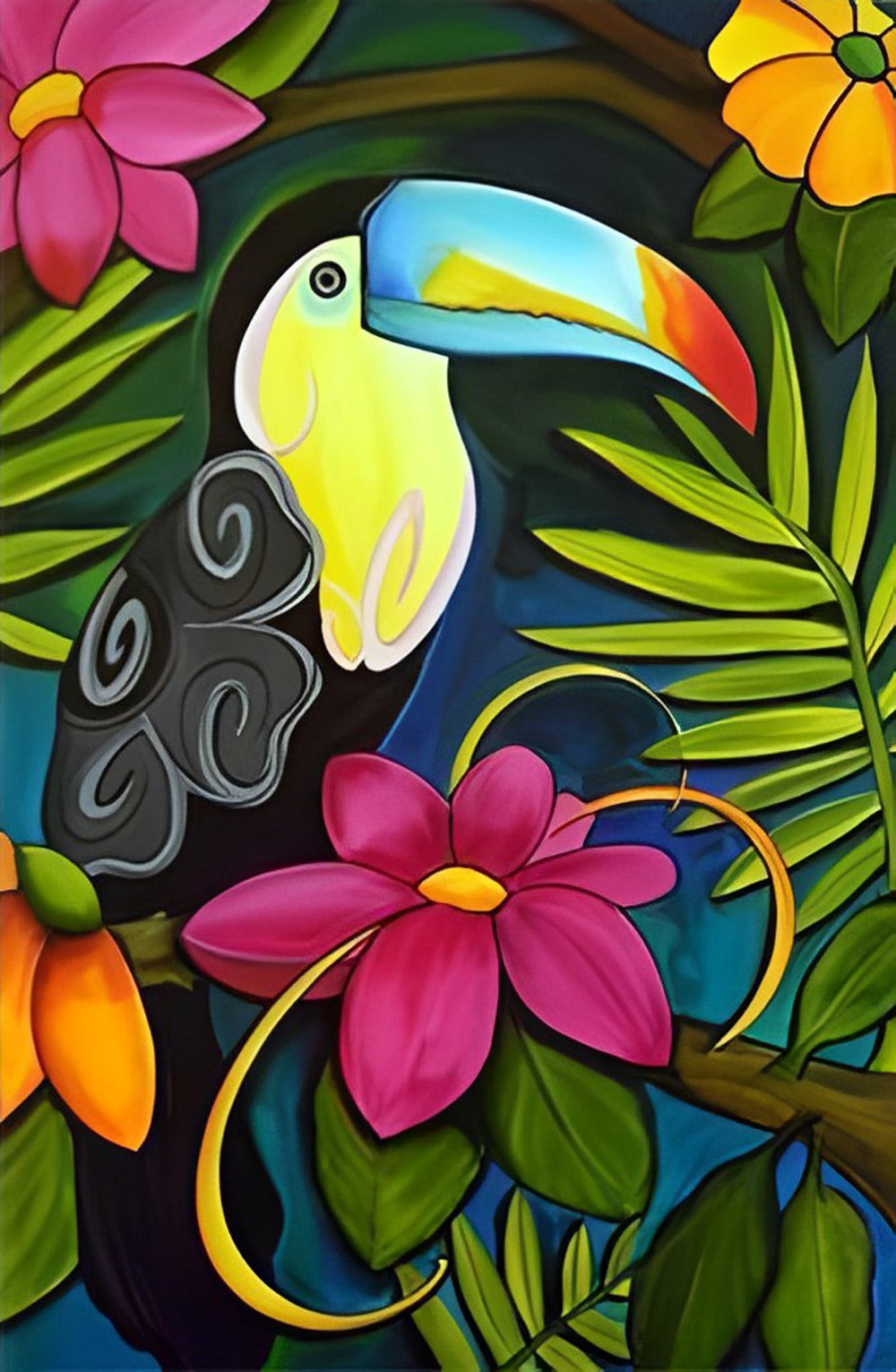 Cartoon Grote Paarse Bloem en Blauwbekpapegaai Diamond Painting