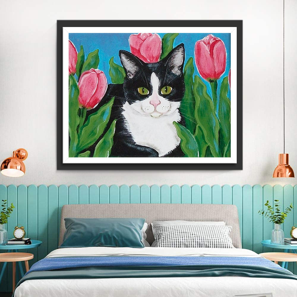 Cartoon Kat in Tulpenstruik Diamond Painting