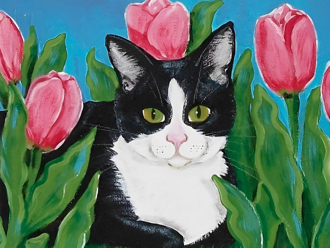 Cartoon Kat in Tulpenstruik Diamond Painting