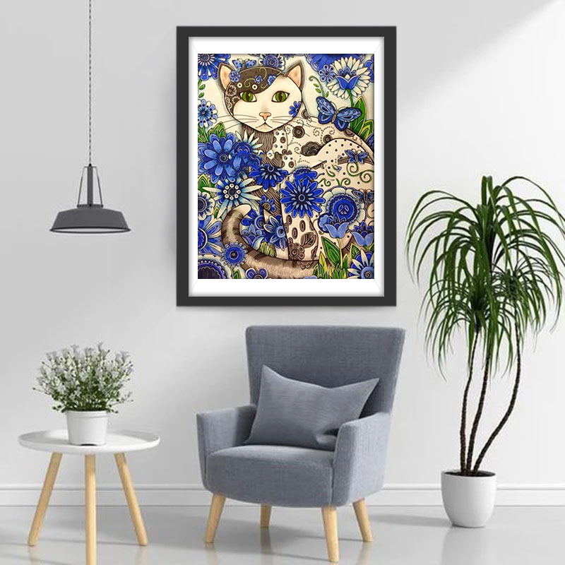 Cartoon Kat met Krabbels in Blauwe Bloemen Diamond Painting