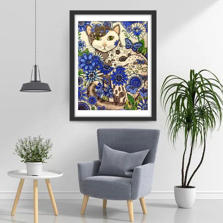 Cartoon Kat met Krabbels in Blauwe Bloemen Diamond Painting