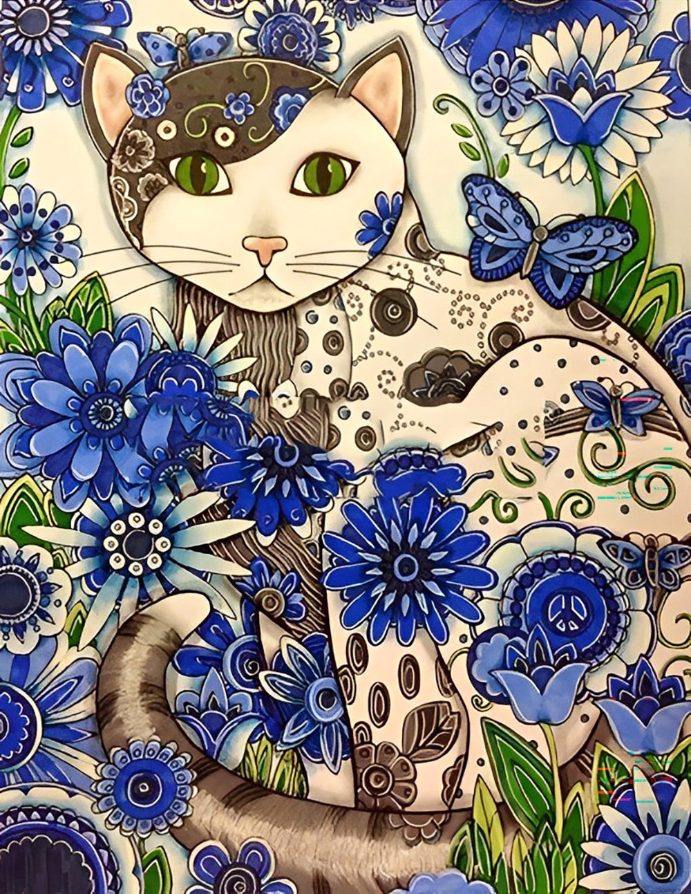 Cartoon Kat met Krabbels in Blauwe Bloemen Diamond Painting
