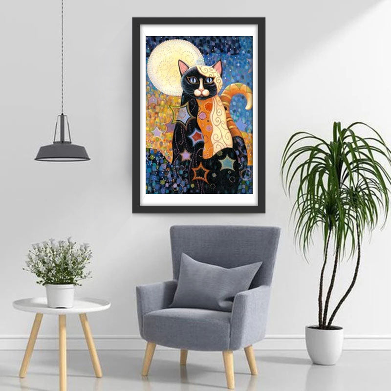 Cartoon Kat onder de Maan Egyptische Stijl Diamond Painting