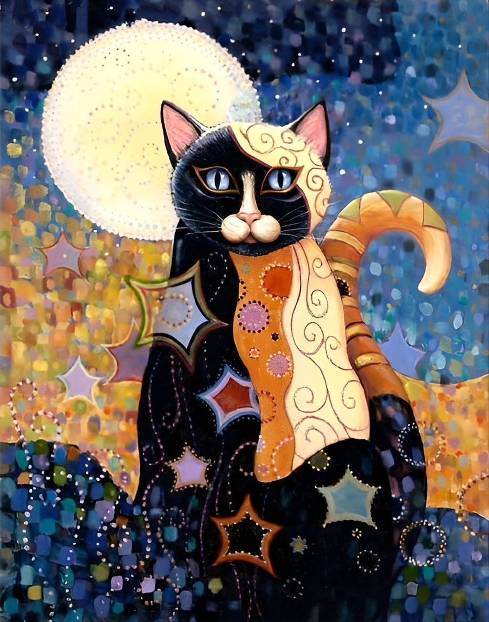 Cartoon Kat onder de Maan Egyptische Stijl Diamond Painting