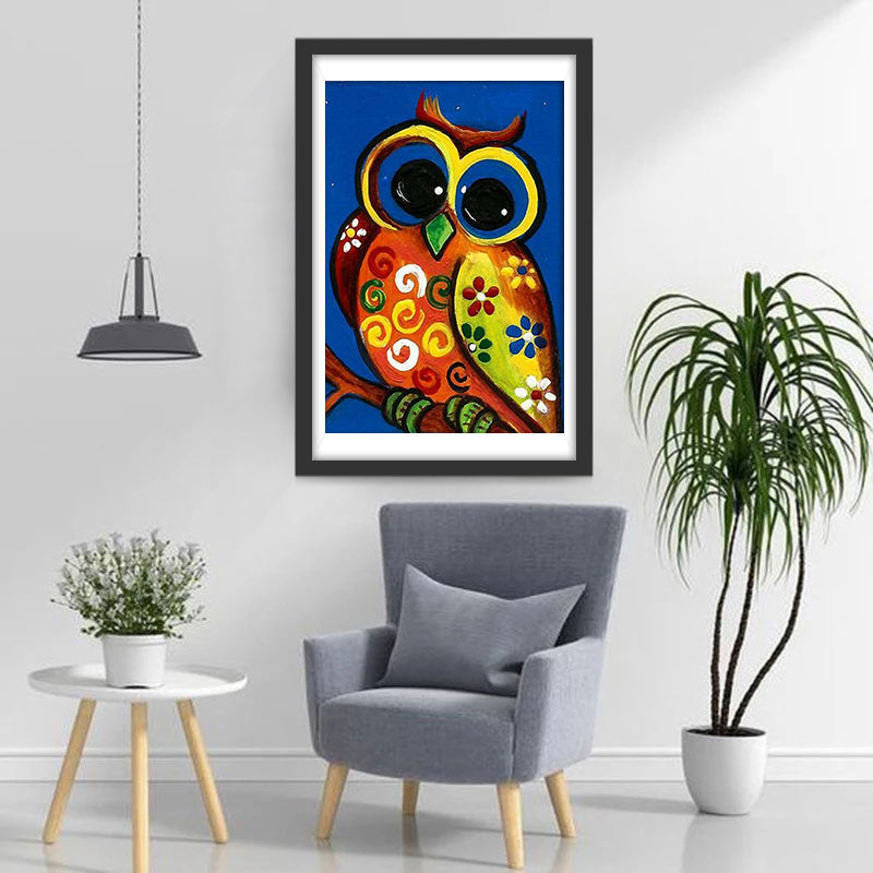 Cartoon Kleurrijke Uil met Grote Ogen Diamond Painting