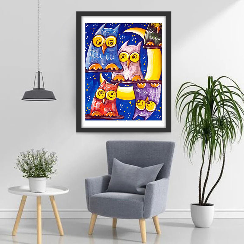 Cartoon Maan en Uilen Diamond Painting