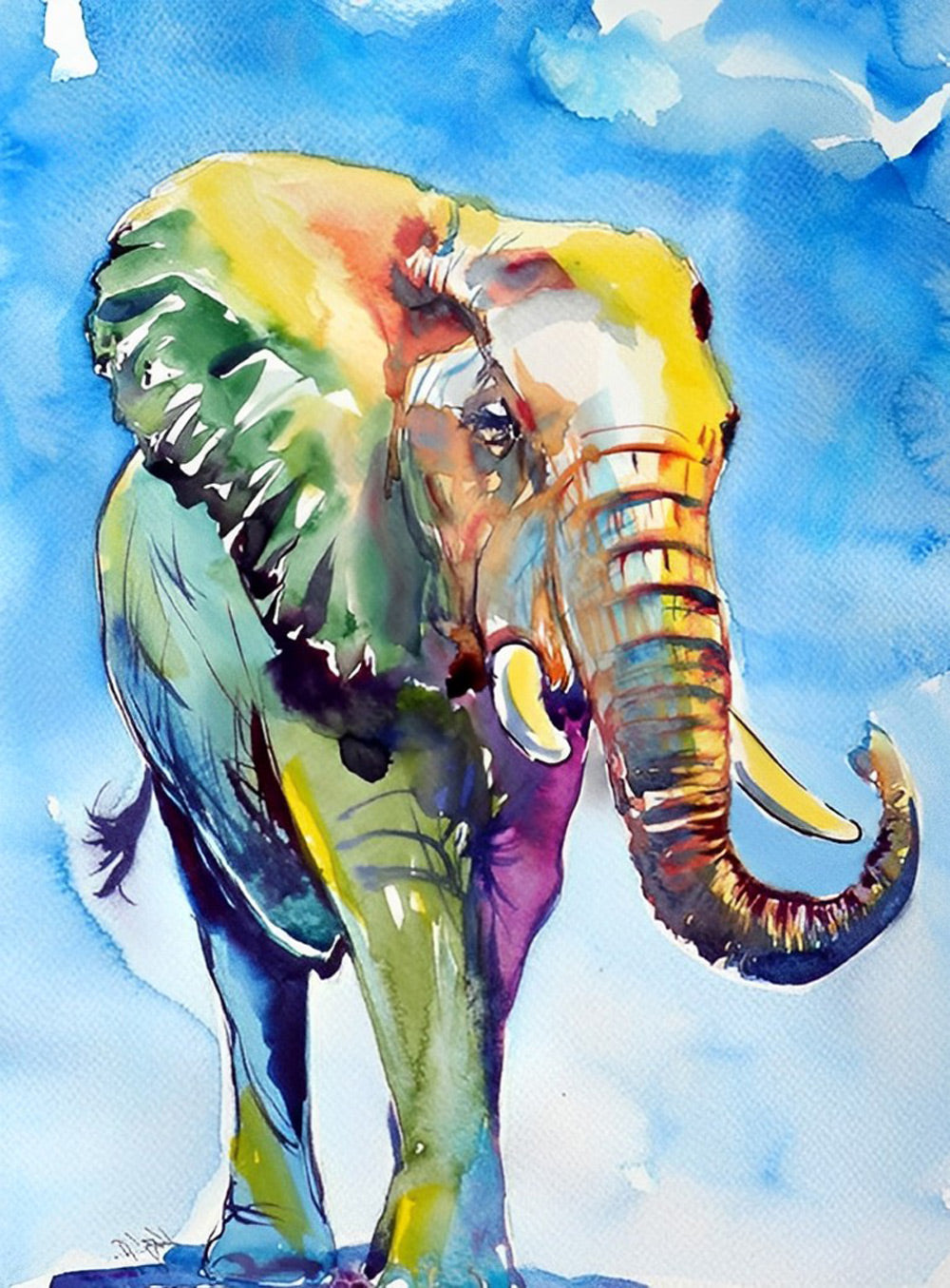 Cartoon Olifant in de Blauwe Lucht Diamond Painting