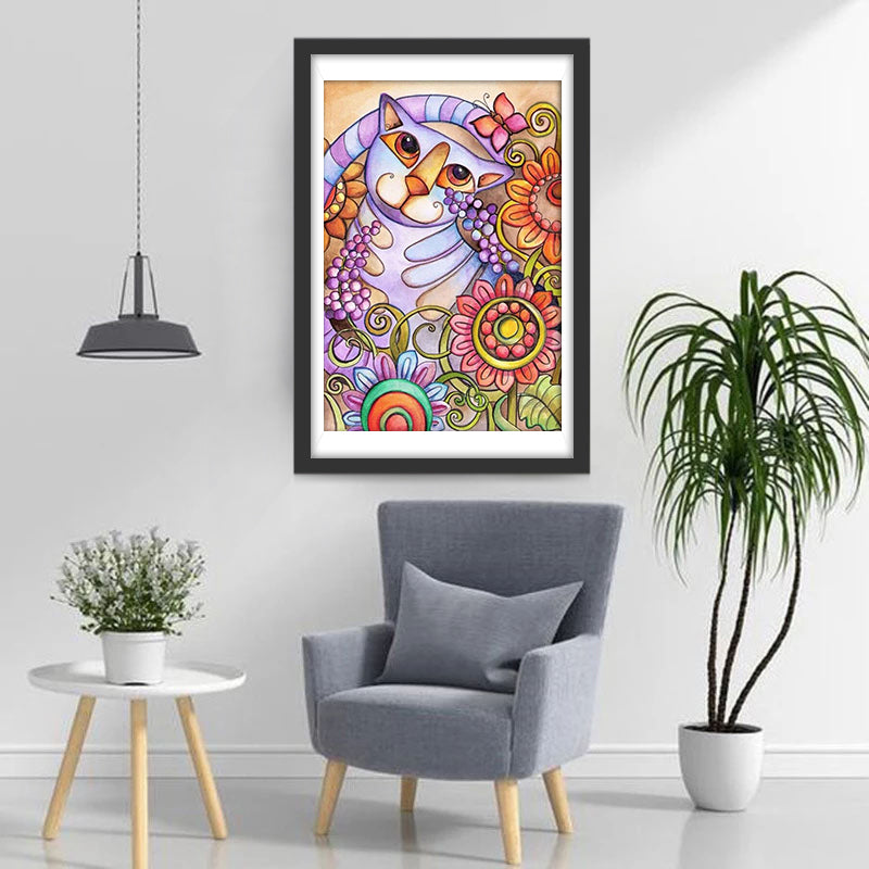 Cartoon Paarse Kat in Zonnebloemstruik Diamond Painting