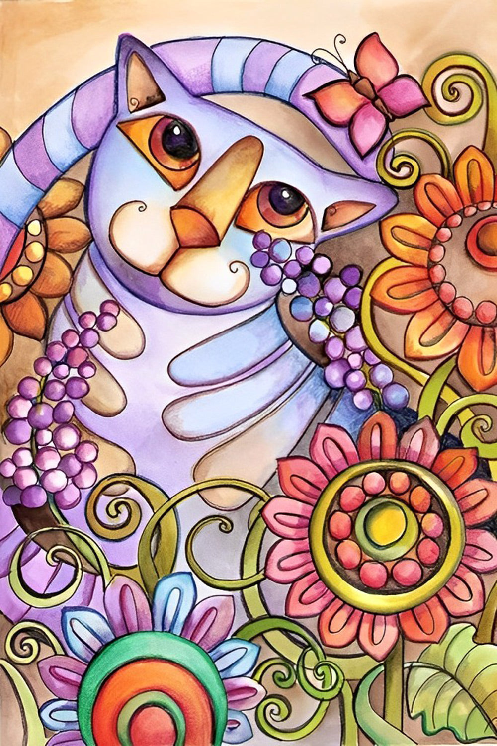 Cartoon Paarse Kat in Zonnebloemstruik Diamond Painting