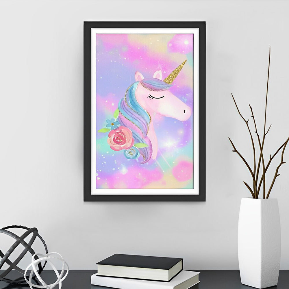 Cartoon Regenboog Eenhoorn met Roze Bloemen Diamond Painting