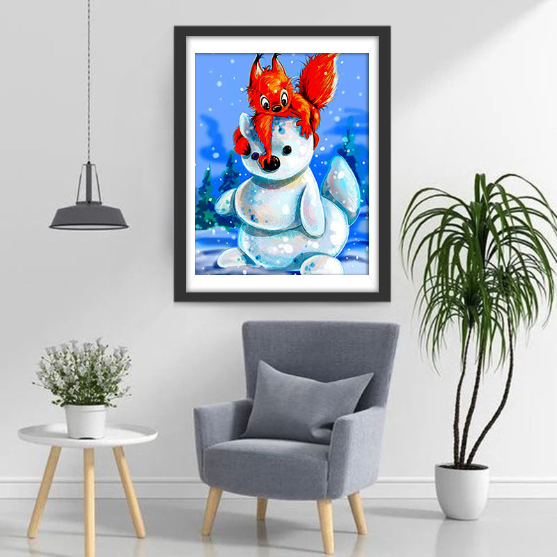 Cartoon Rode Eekhoorn op een Sneeuwpop Diamond Painting