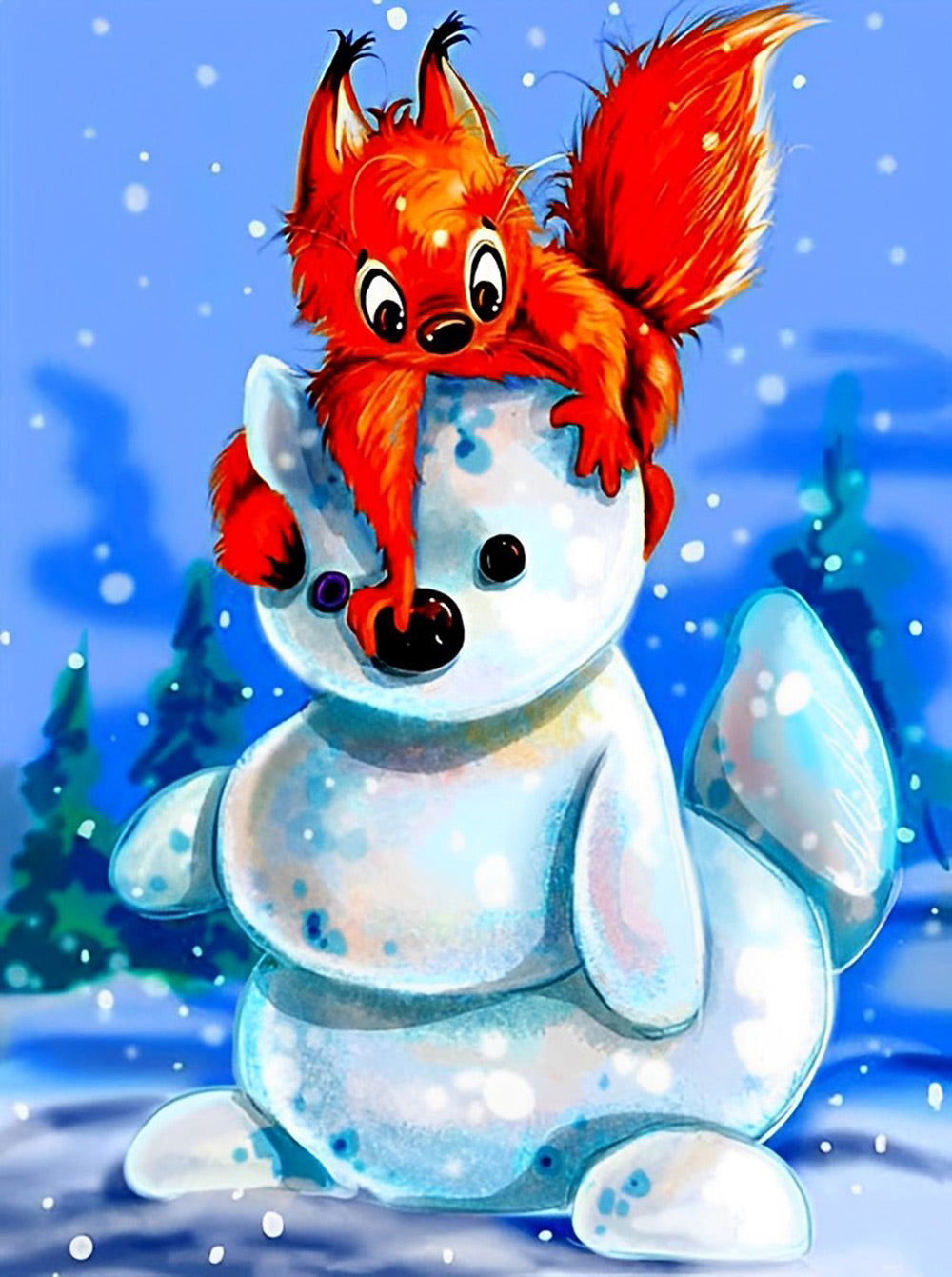 Cartoon Rode Eekhoorn op een Sneeuwpop Diamond Painting