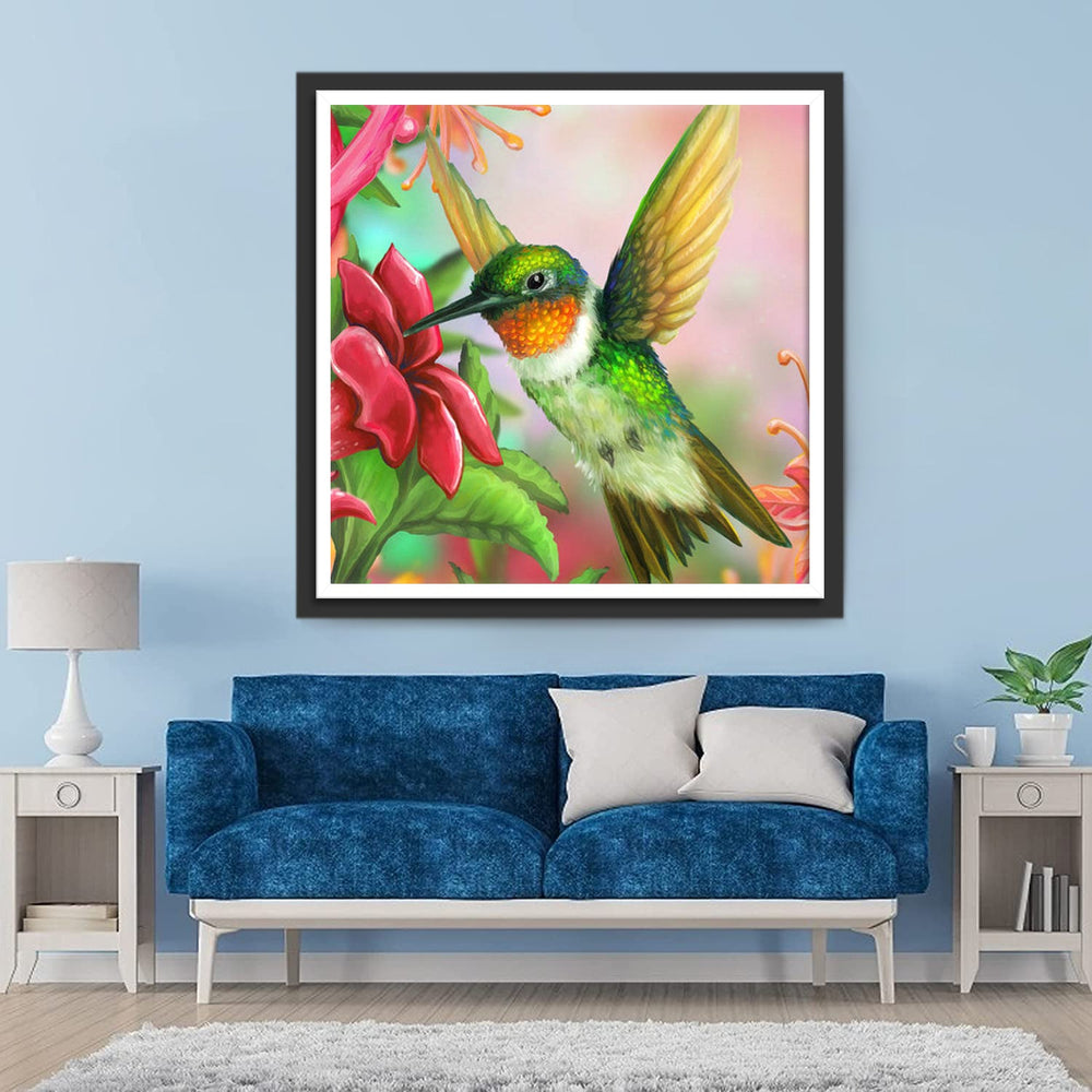 Cartoon Roze Bloem en een Groene Vogel Diamond Painting