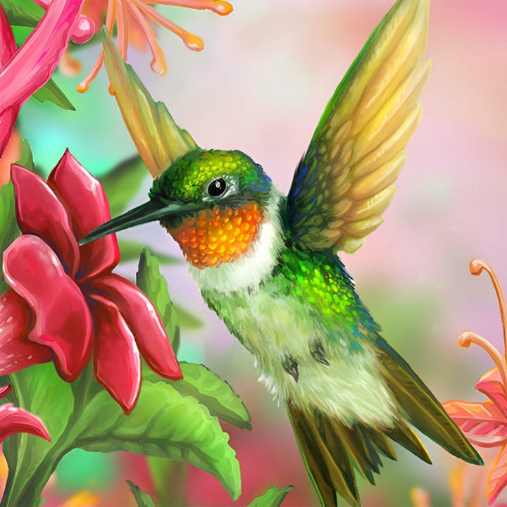 Cartoon Roze Bloem en een Groene Vogel Diamond Painting