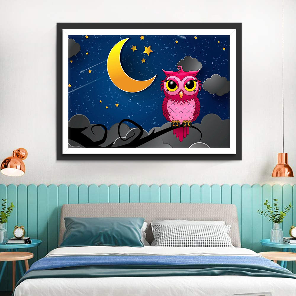 Cartoon Roze Uil onder de Nachtelijke Hemel Diamond Painting