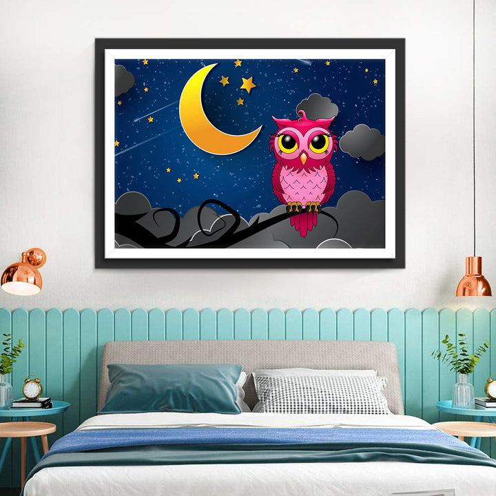 Cartoon Roze Uil onder de Nachtelijke Hemel Diamond Painting