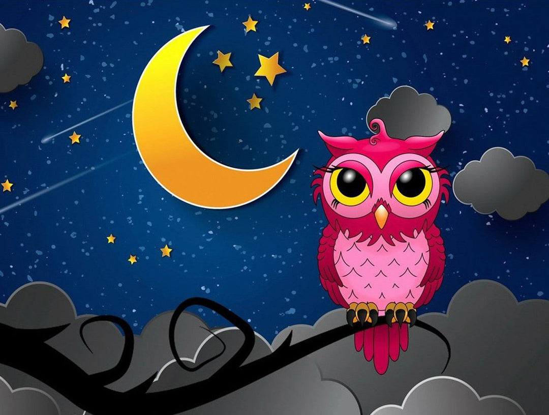Cartoon Roze Uil onder de Nachtelijke Hemel Diamond Painting
