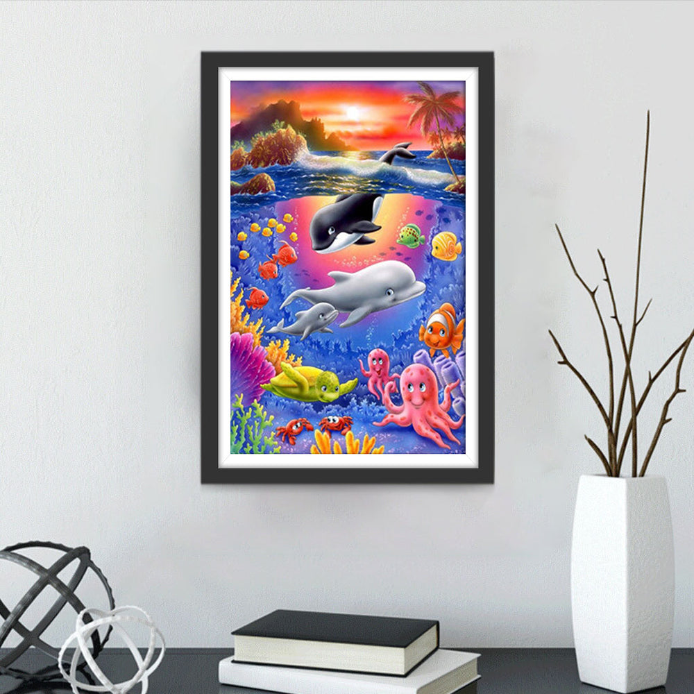 Cartoon Schattige Dolfijnen en Vissen Diamond Painting
