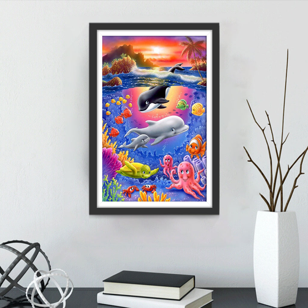 Cartoon Schattige Dolfijnen en Vissen Diamond Painting