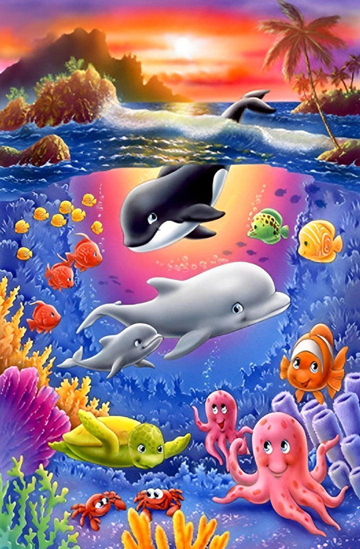 Cartoon Schattige Dolfijnen en Vissen Diamond Painting