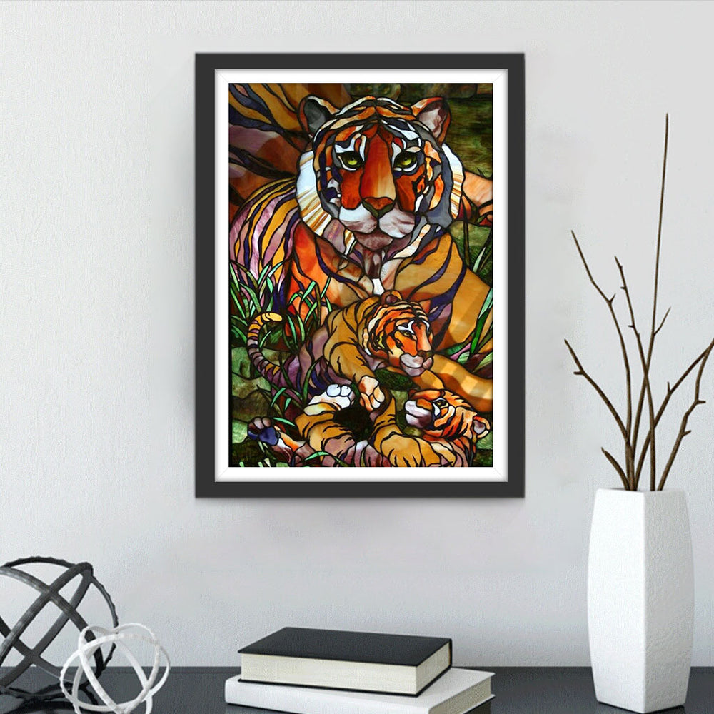 Cartoon Tijger en Baby Tijger onder de Boom Diamond Painting