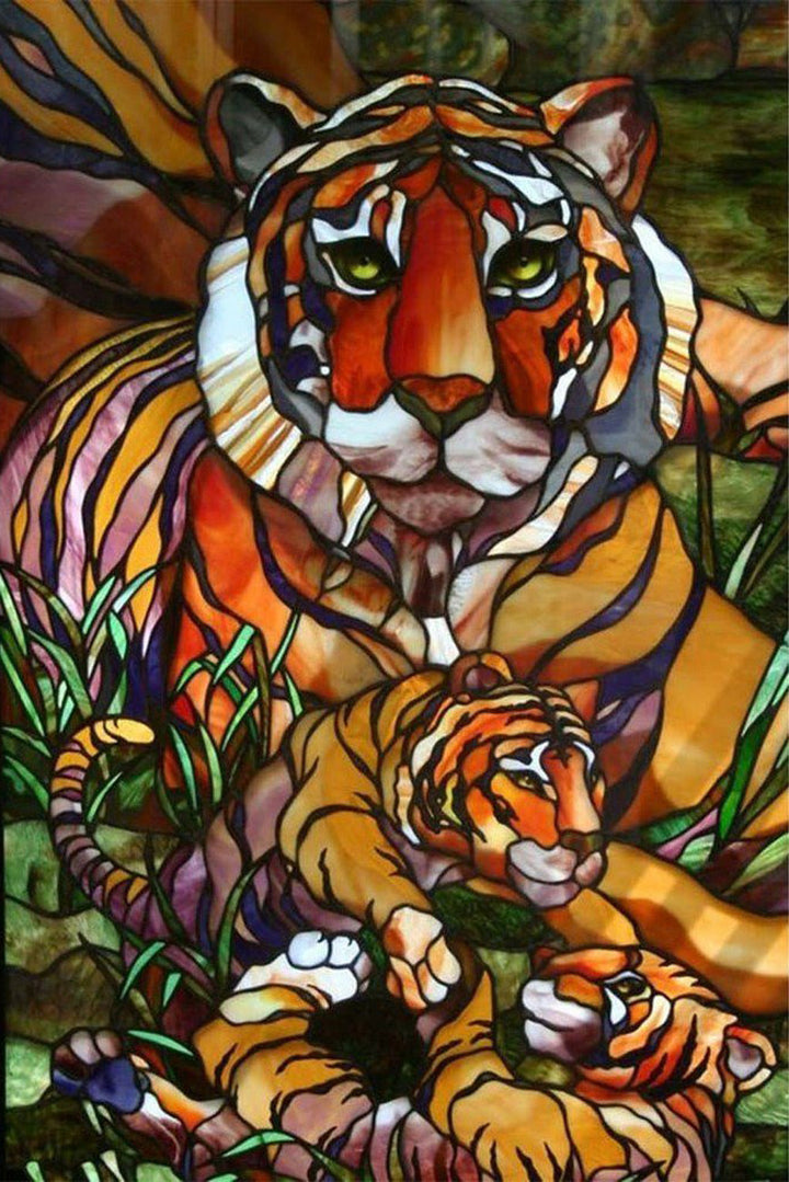 Cartoon Tijger en Baby Tijger onder de Boom Diamond Painting