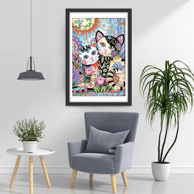 Cartoon Twee Katten en Vogels in een Bloemenstruik Diamond Painting
