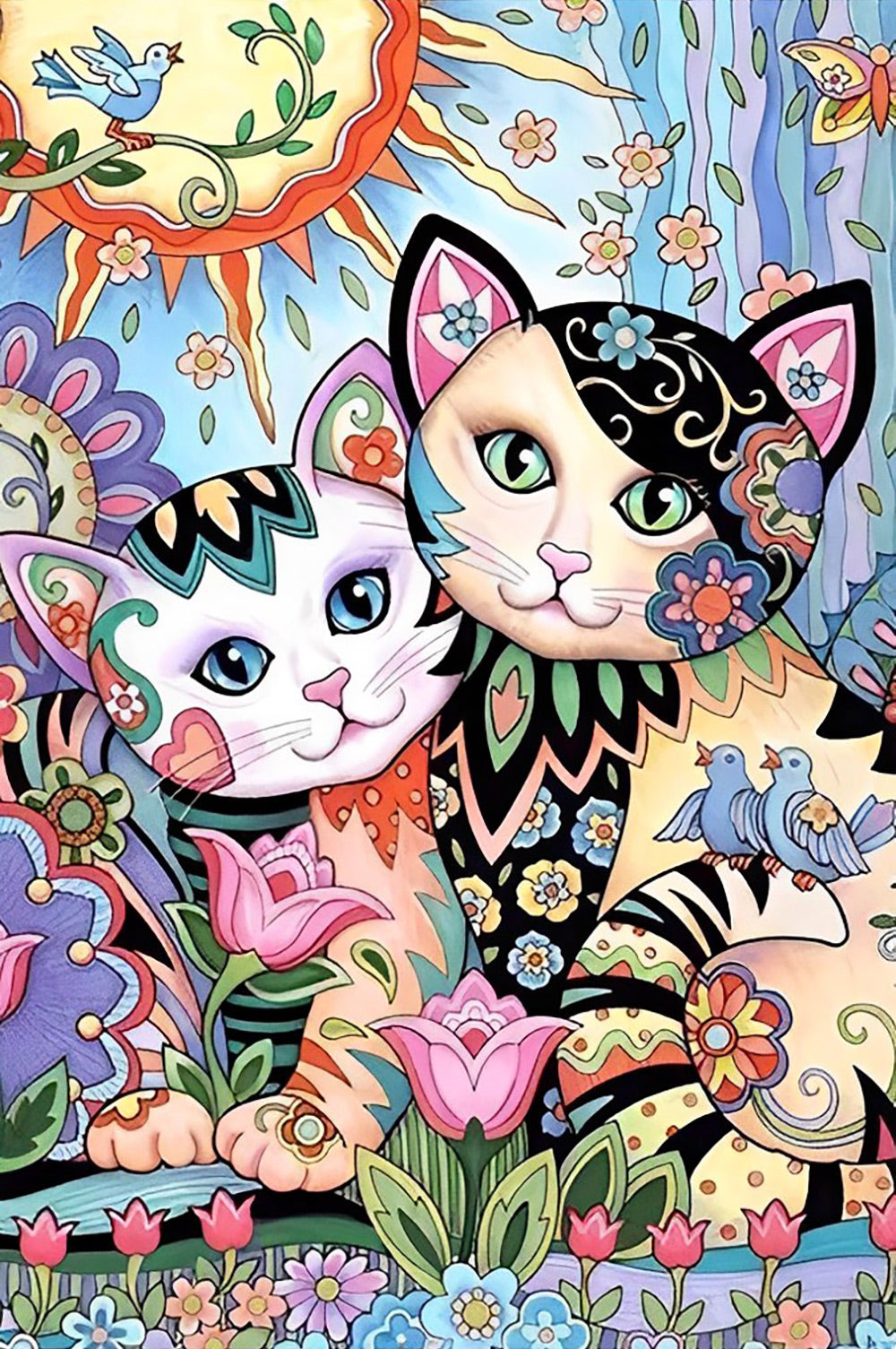 Cartoon Twee Katten en Vogels in een Bloemenstruik Diamond Painting