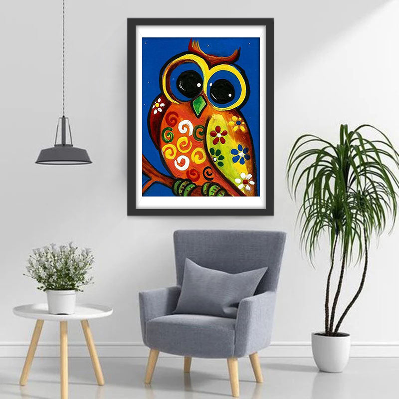 Cartoon Uil met Bloemen op Blauwe Achtergrond Diamond Painting
