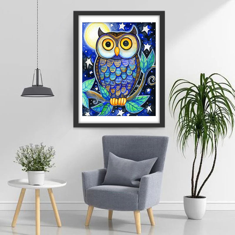 Cartoon Uil op een Groene Tak Diamond Painting