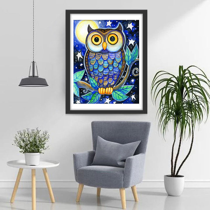 Cartoon Uil op een Groene Tak Diamond Painting