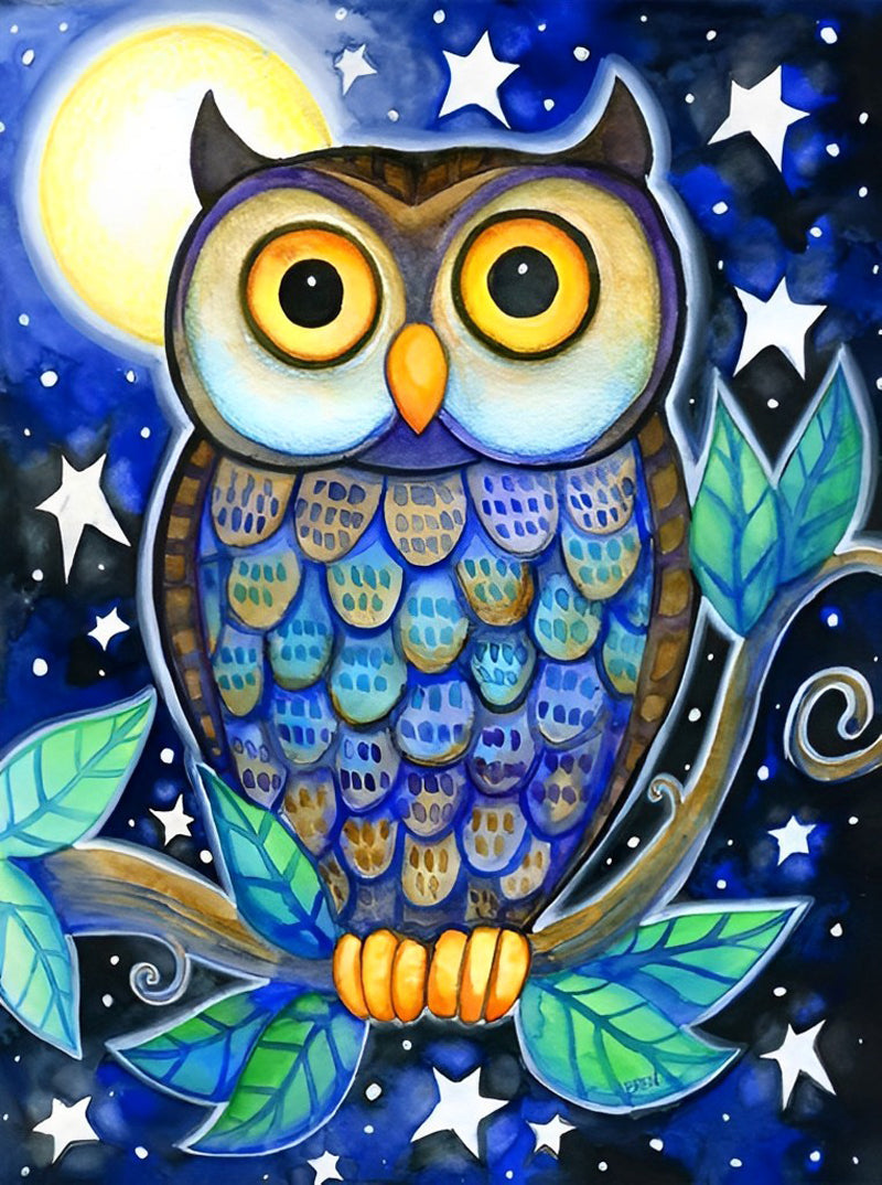 Cartoon Uil op een Groene Tak Diamond Painting