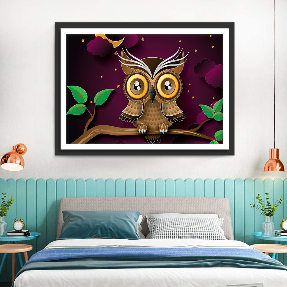 Cartoon Uil op een Tak Diamond Painting