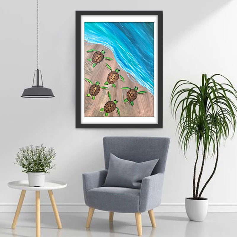 Cartoon Vijf Schildpadden op het Strand Diamond Painting