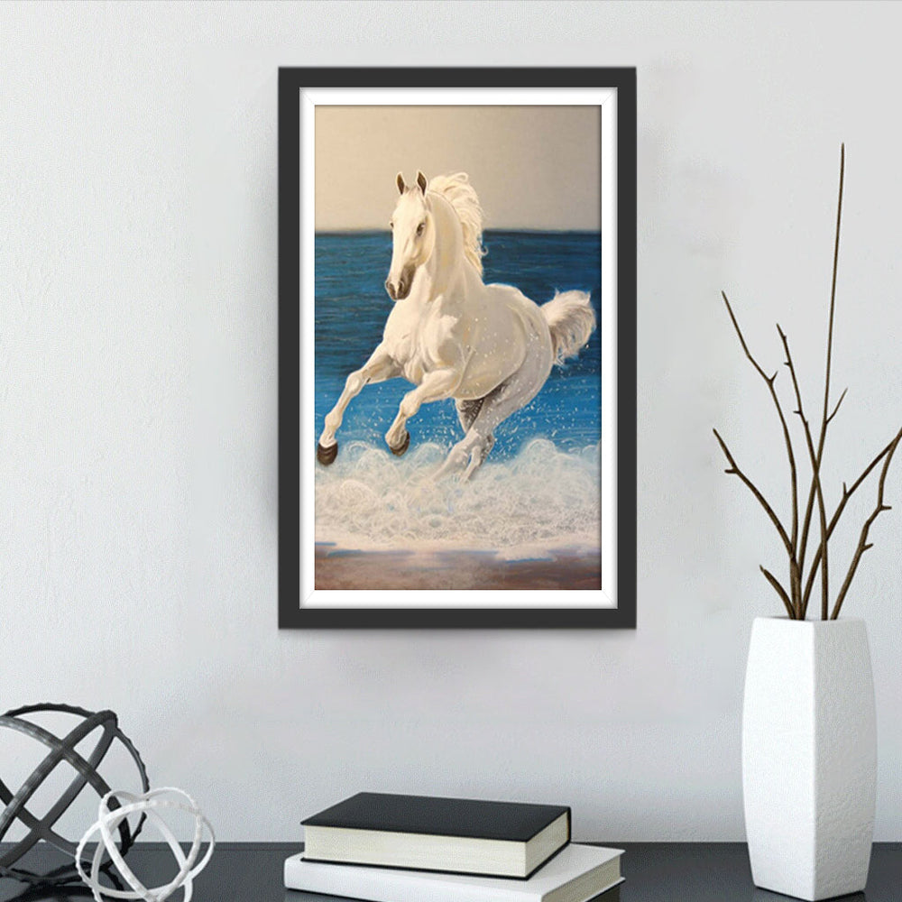 Cartoon Wit Paard aan de Zee Diamond Painting