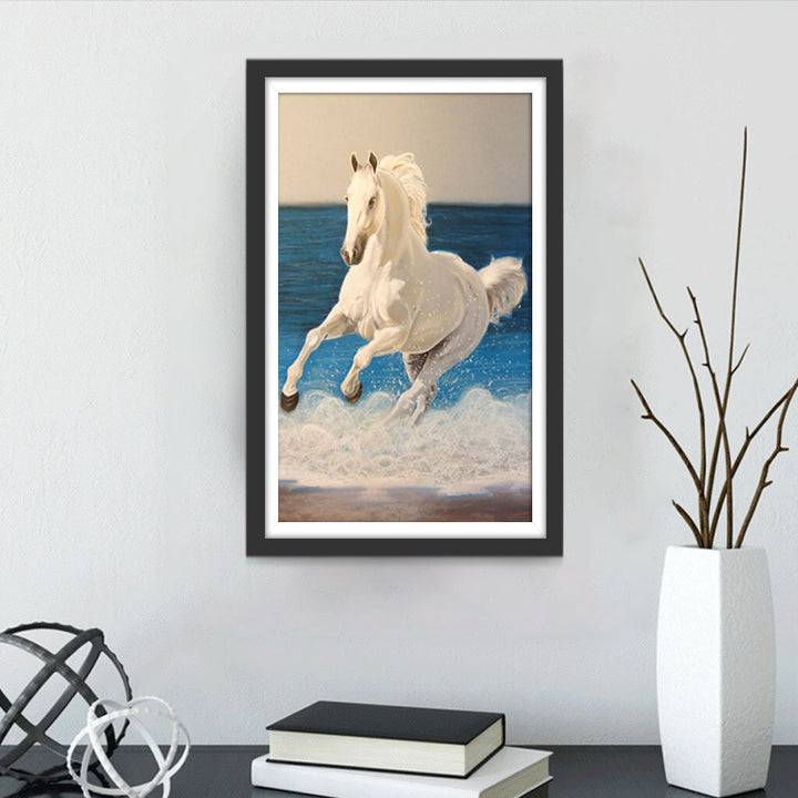 Cartoon Wit Paard aan de Zee Diamond Painting