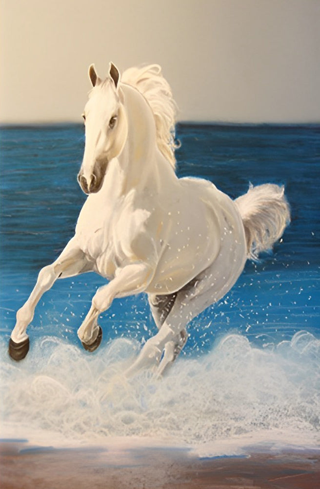 Cartoon Wit Paard aan de Zee Diamond Painting