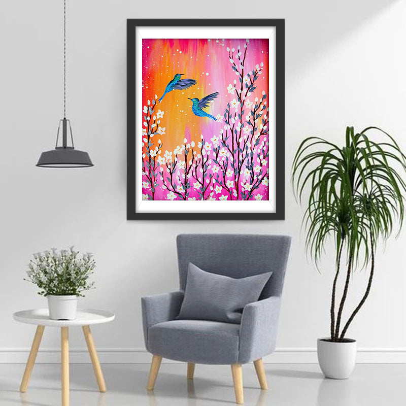 Cartoon Witte Bloemenboom en Twee Blauwe Vogels Diamond Painting