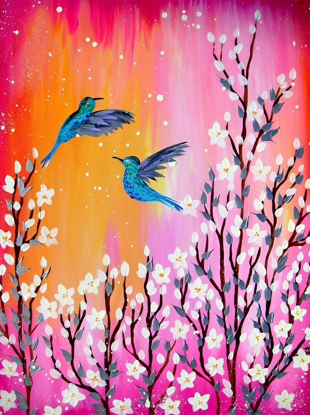 Cartoon Witte Bloemenboom en Twee Blauwe Vogels Diamond Painting