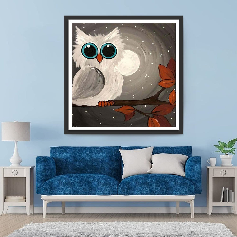Cartoon Witte Uil op een Tak Diamond Painting