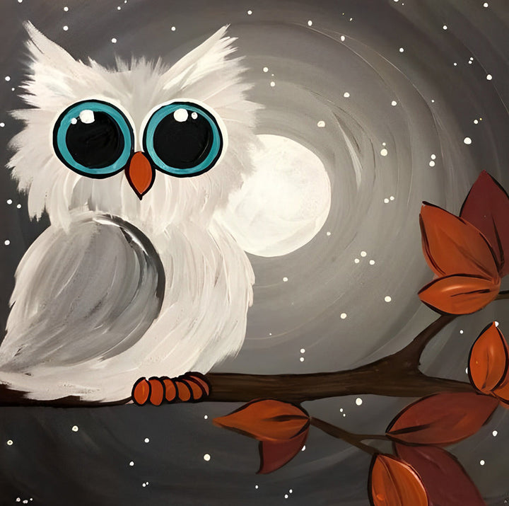 Cartoon Witte Uil op een Tak Diamond Painting