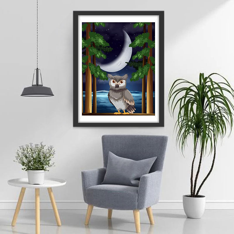 Cartoonuil in het Bos onder de Halve Maan Diamond Painting
