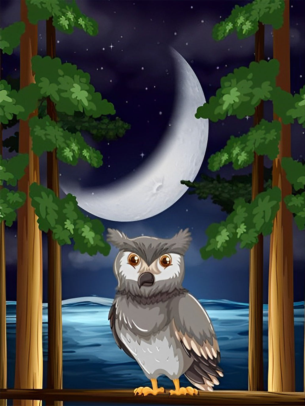 Cartoonuil in het Bos onder de Halve Maan Diamond Painting